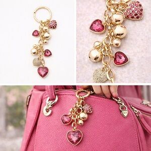 Disney Minnie Mouse Love Pink Rhinestone Hearts Key Chain Bag Charm - NEW